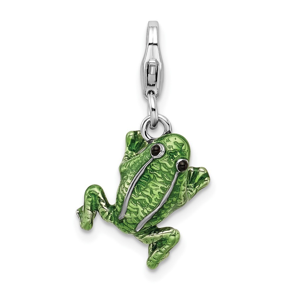 925 Sterling Silver Polished 3-D Enameled Frog Bracelet Charm Lobster Clasp